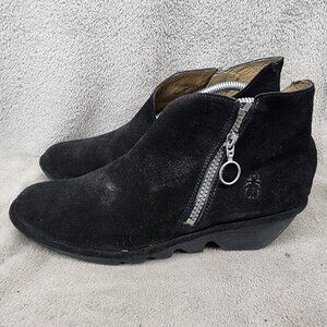 Fly London Shoes Womens Size EU 41 US 10 Black Suede Side Zip Wedge Ankle Boots